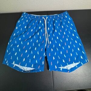 BONOBOS Mens Swim Trunks Blue Windsurf Print Elastic Waist Drawstring‎ Size L